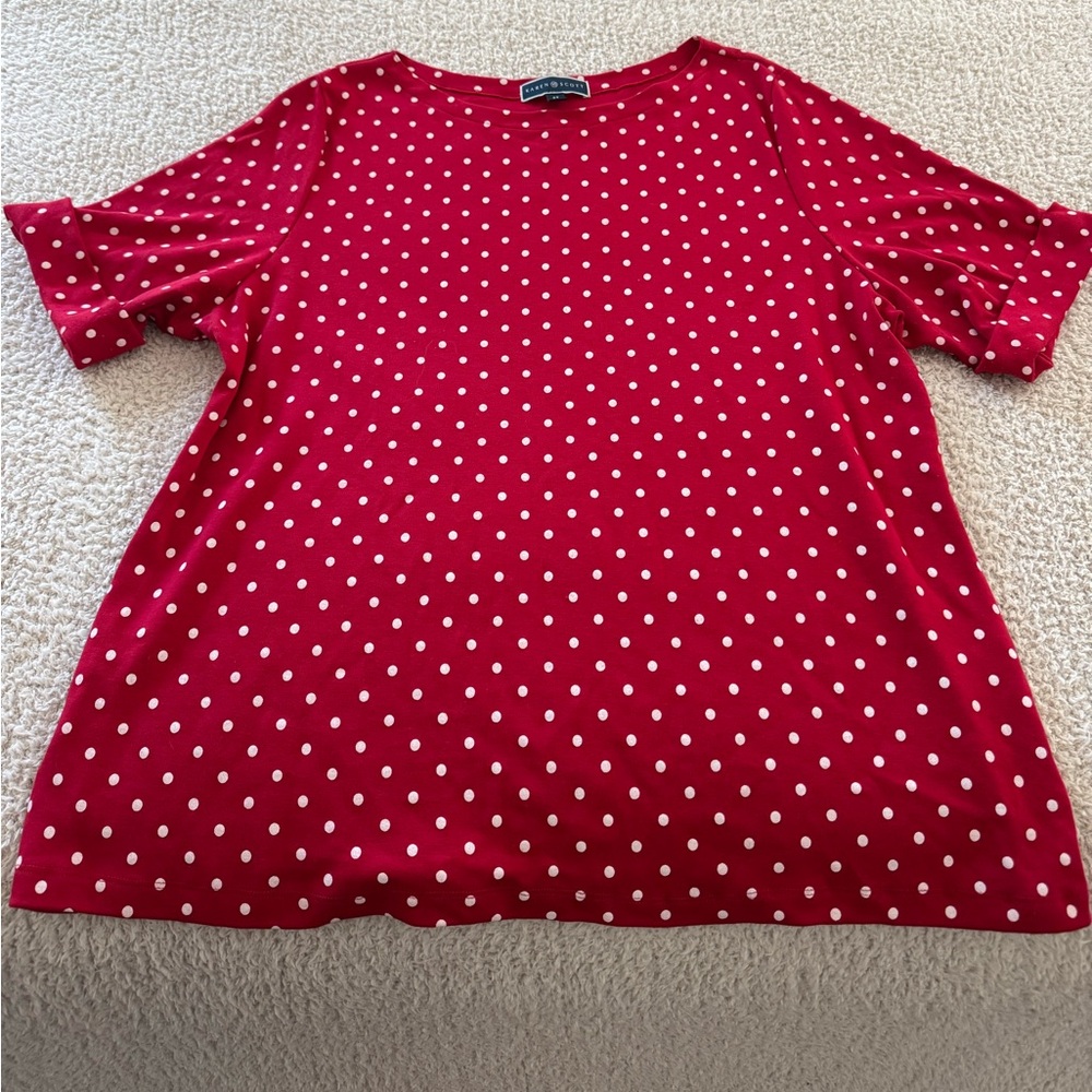 Karen Scott Red and White Polka Dot Short Sleeve Top